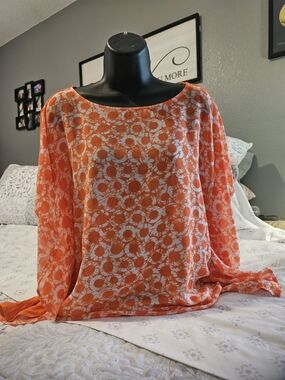 Michael Kors Orange and White Floral Print Boatneck Blouse